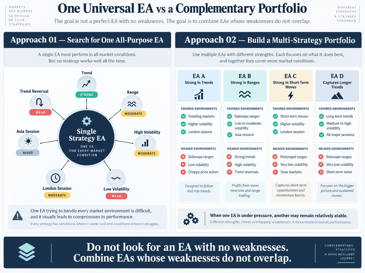 Diagram comparing one all-purpose EA with a portfolio of strategies that have different strengths and weak market conditions. Diagram comparing one all-purpose EA with a portfolio of strategies that have different strengths and weak market conditions.