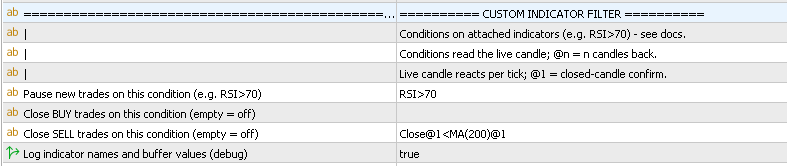 The CUSTOM INDICATOR FILTER section in the indicator settings The CUSTOM INDICATOR FILTER section in the indicator settings