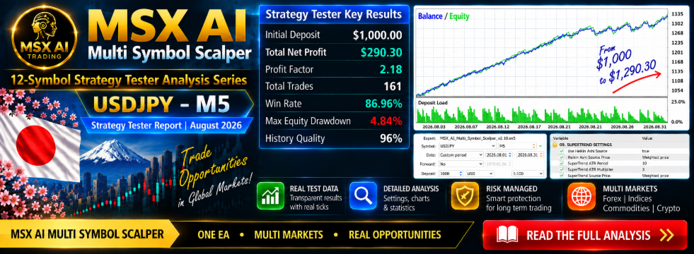 MSX AI Multi Symbol Scalper v2.10 — USDJPY M5 Strategy Tester Report | August 2026