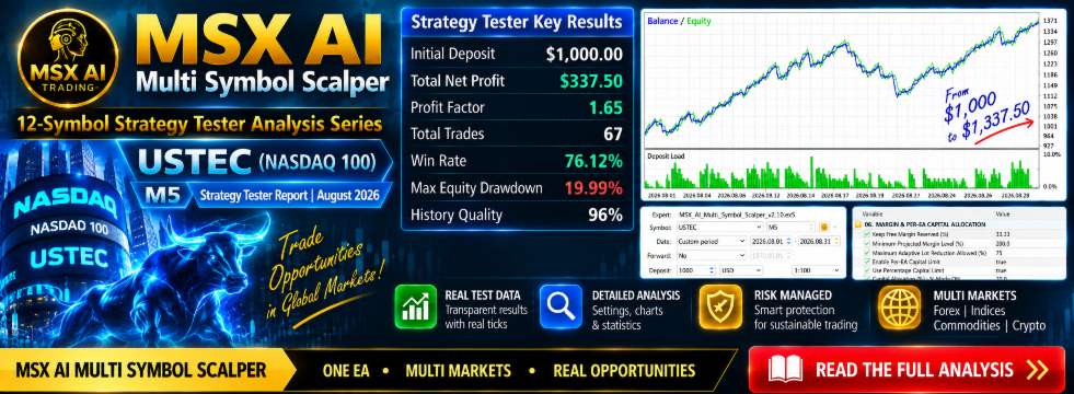 MSX AI Multi Symbol Scalper v2.10 — USTEC M5 Strategy Tester Report | August 2026