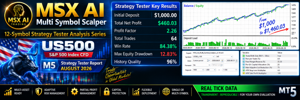 MSX AI Multi Symbol Scalper v2.10 — US500 M5 Strategy Tester Report | August 2026