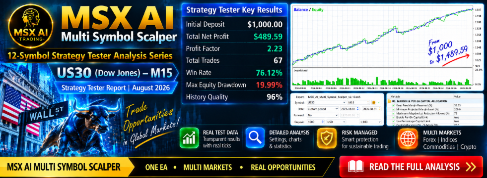MSX AI Multi Symbol Scalper v2.10 — US30 M15 Strategy Tester Report | August 2026