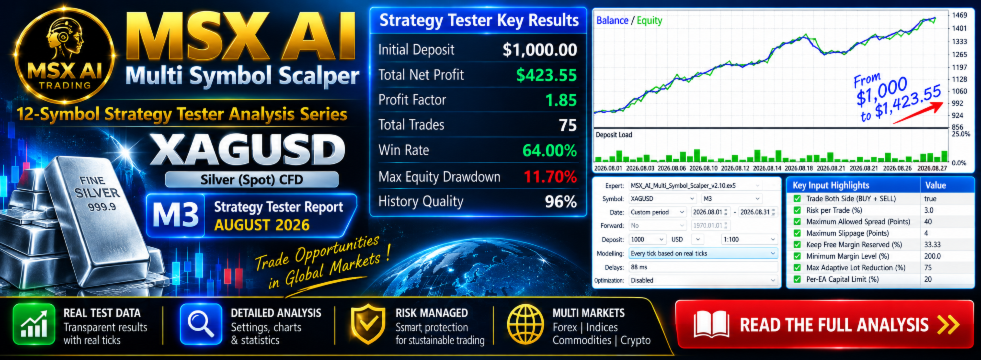 MSX AI Multi Symbol Scalper v2.10 — XAGUSD M3 Strategy Tester Report | August 2026
