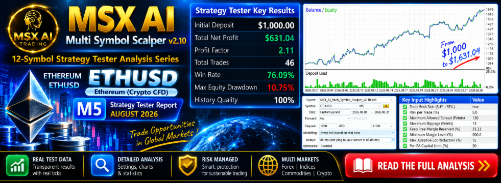 MSX AI Multi Symbol Scalper v2.10 — ETHUSD M5 Strategy Tester Report | August 2026