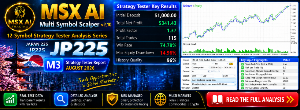 MSX AI Multi Symbol Scalper v2.10 — JP225 M3 Strategy Tester Report | August 2026