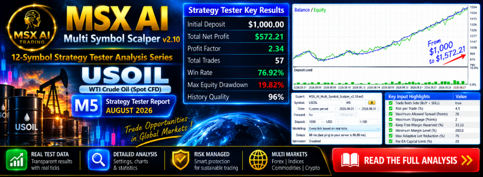 MSX AI Multi Symbol Scalper v2.10 — USOIL M5 Strategy Tester Report | August 2026