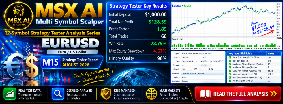 MSX AI Multi Symbol Scalper v2.10 — EURUSD M15 Strategy Tester Report | August 2026