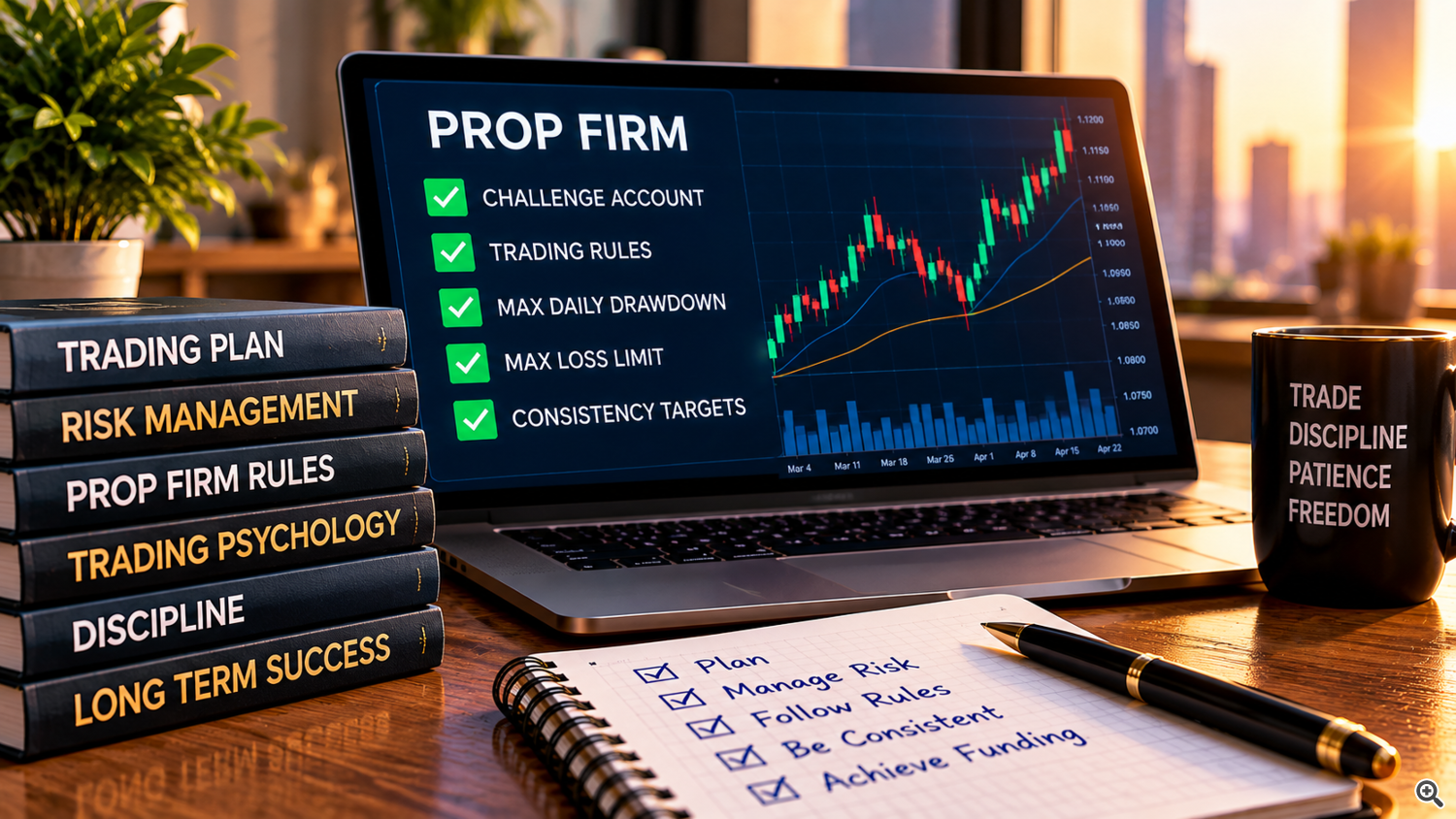 Prop firm challenge dashboard showing maximum daily drawdown, maximum loss limits, trading rules and consistency targets. Prop firm challenge dashboard showing maximum daily drawdown, maximum loss limits, trading rules and consistency targets.