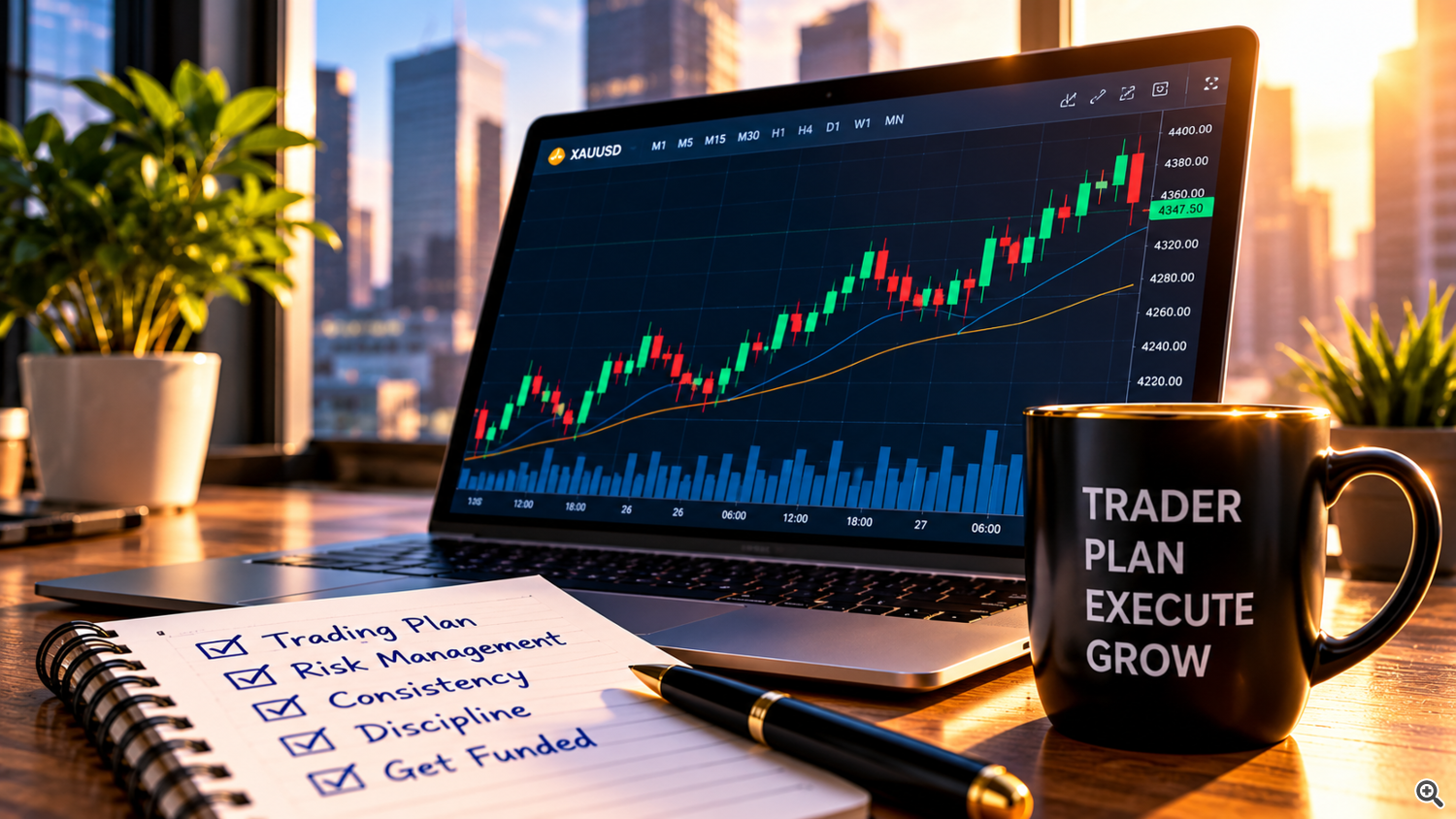 Prop firm trader using a trading plan, risk management and disciplined trading to complete a funded account challenge. Prop firm trader using a trading plan, risk management and disciplined trading to complete a funded account challenge.