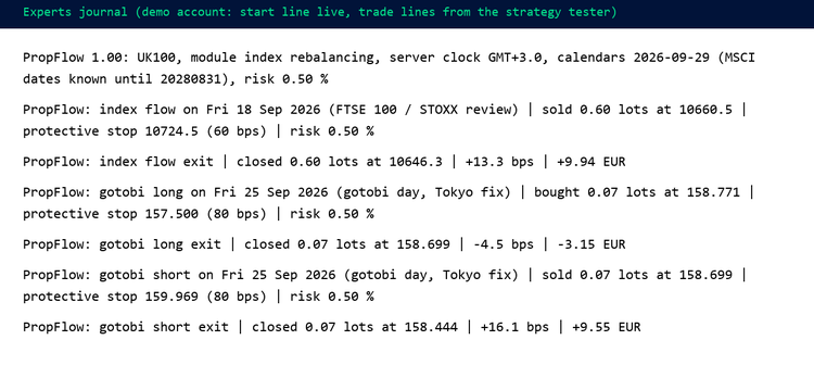 PropFlow journal lines on a demo account