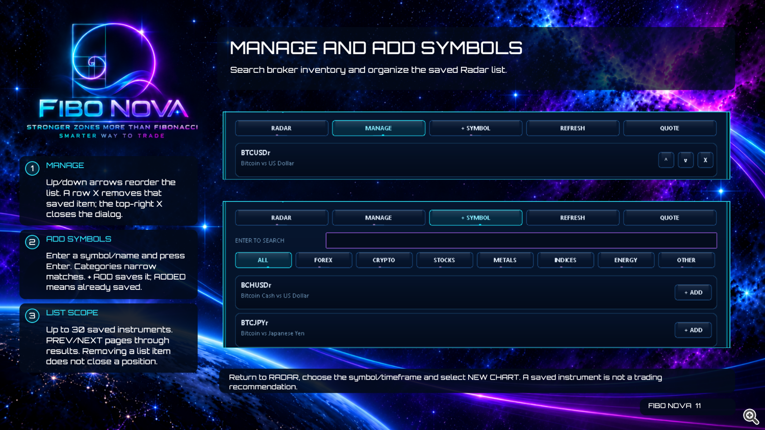 Fibo Nova User Guide — Page 11 — Manage and Add Symbols