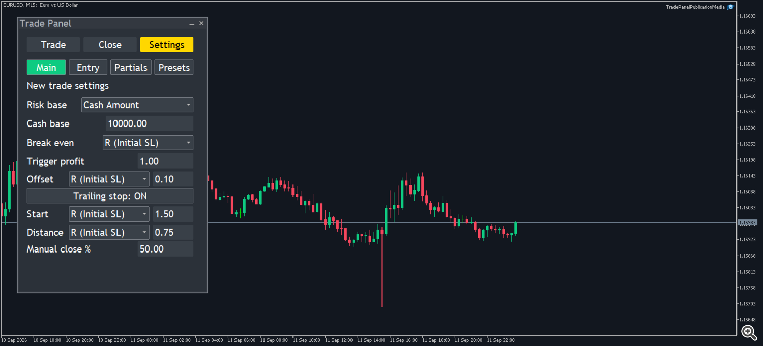 TradePanel 3.46 Main settings with risk base, breakeven and trailing in initial R