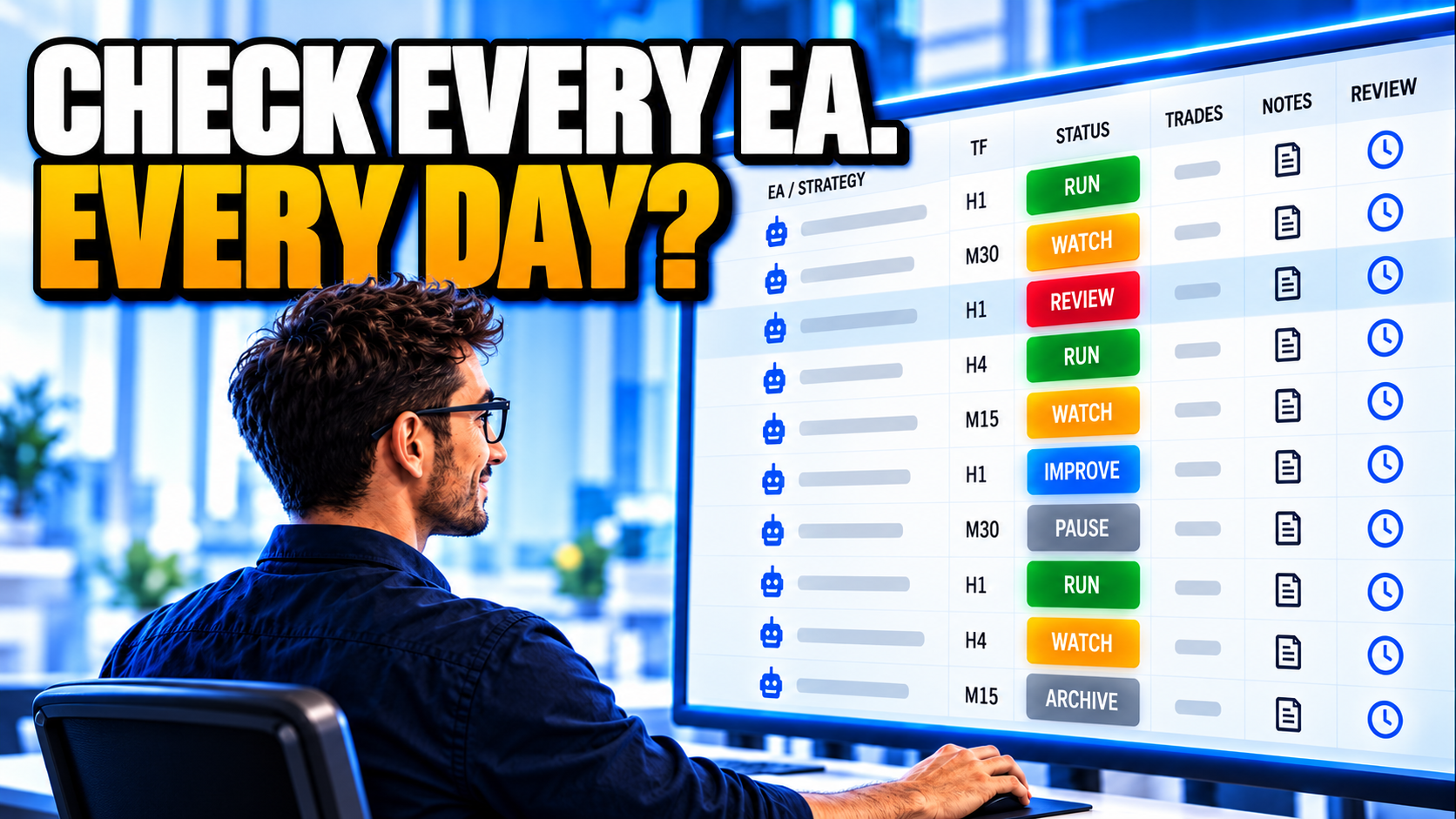 Illustration of a trader organising an EA portfolio, with the words Check every EA. Every day?