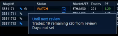 Castlist review tooltip for Magic Number 3351171 showing 19 trades remaining out of a 20-trade review interval