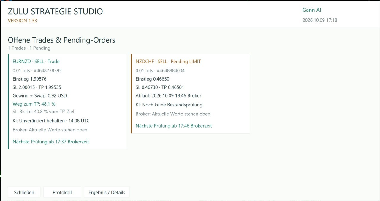 Offener Trade und Pending-Order mit individueller KI-Prüfung – technischer Entwicklungsstand.