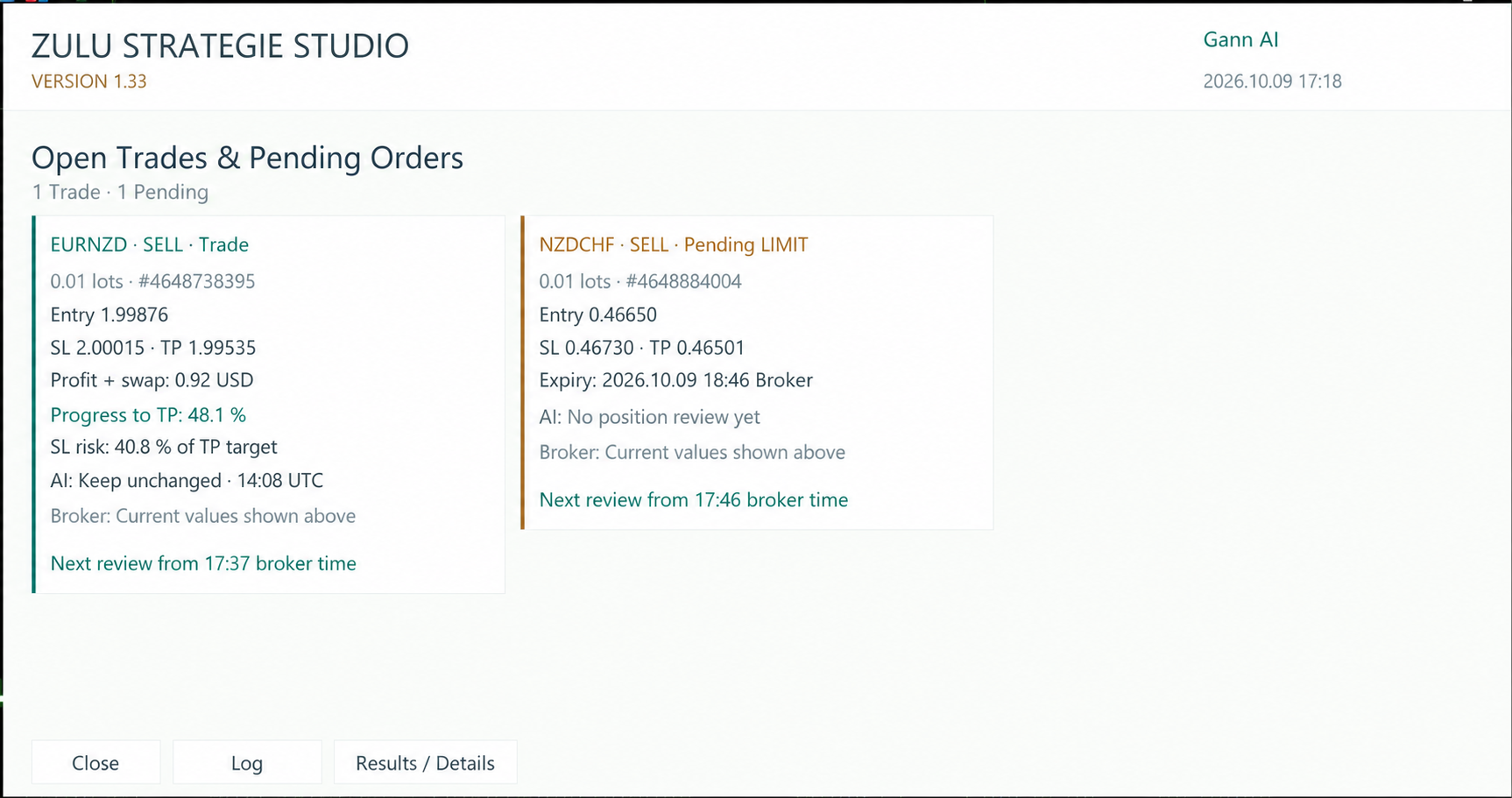 Open trade and pending order with individual AI review – current state of technical development.