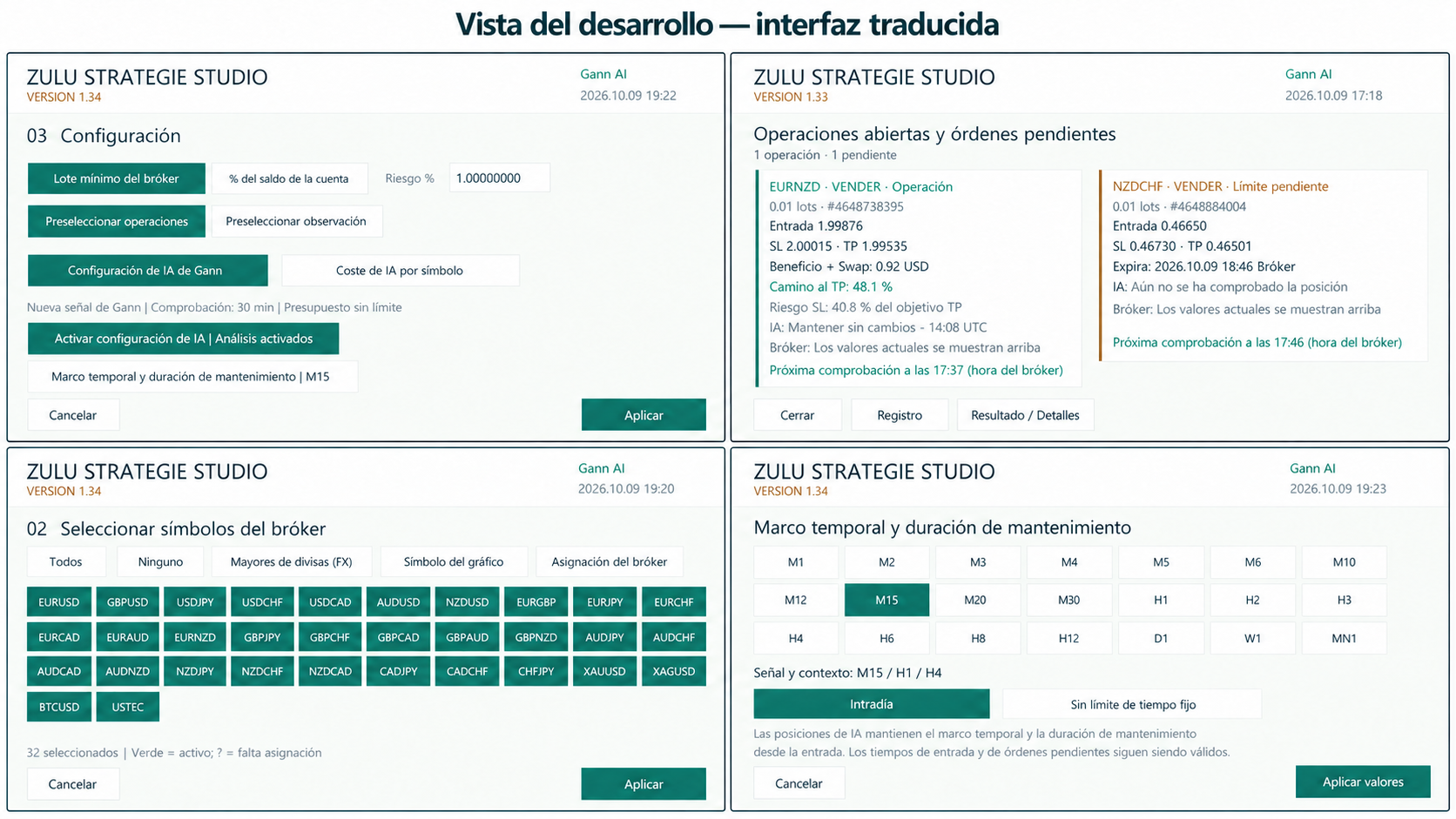 Vista del desarrollo: configuración, posiciones, símbolos y marcos temporales