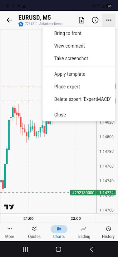 Image: Place expert / Delete expert menu on a chart, opened from a phone
