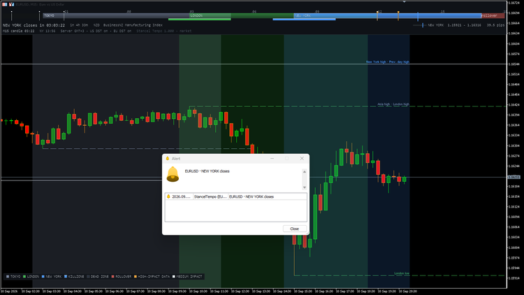 Alerts for session opens and closes, killzones and releases: popup, sound, phone or email. Alerts for session opens and closes, killzones and releases: popup, sound, phone or email.