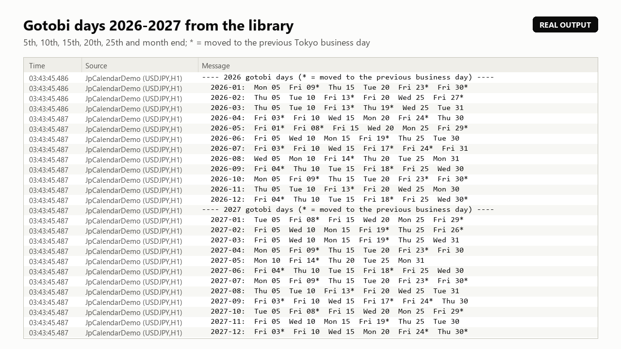 Dias gotobi de 2026 e 2027 pelo script de demonstração; * = transferido para o dia útil anterior