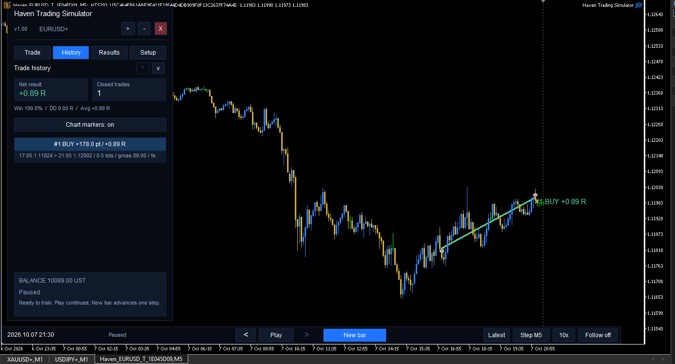 History with a selected trade and chart markers. History with a selected trade and chart markers.