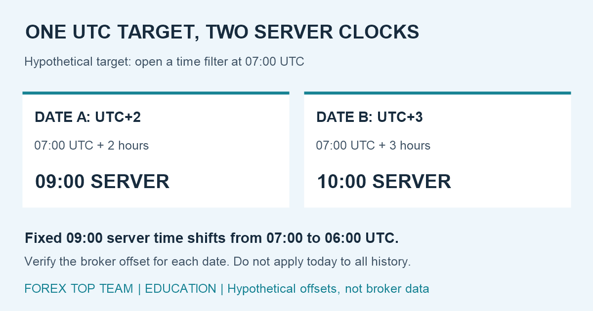 Hypothetical clock conversion: 07:00 UTC equals 09:00 server at UTC+2 and 10:00 server at UTC+3. A fixed 09:00 server setting shifts from 07:00 to 06:00 UTC.