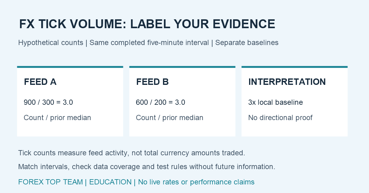 Hypothetical five-minute tick counts: feed A has 900 ticks versus a prior median of 300, and feed B has 600 versus 200. Both activity ratios equal 3.0; this does not identify trade direction or global traded amounts.