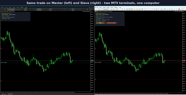 Master (left) and Slave (right): the same trade copied between two MT5 terminals on one computer Master (left) and Slave (right): the same trade copied between two MT5 terminals on one computer