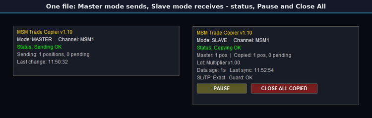 Master and Slave panels: status, copied trades, Pause and Close All Copied buttons Master and Slave panels: status, copied trades, Pause and Close All Copied buttons