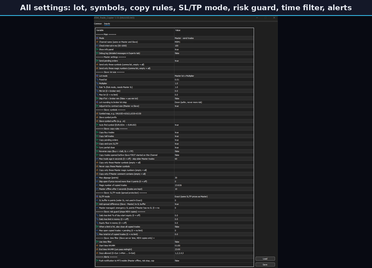 Slave settings: lot mode, symbol mapping, SL/TP mode, risk guard and time filter Slave settings: lot mode, symbol mapping, SL/TP mode, risk guard and time filter