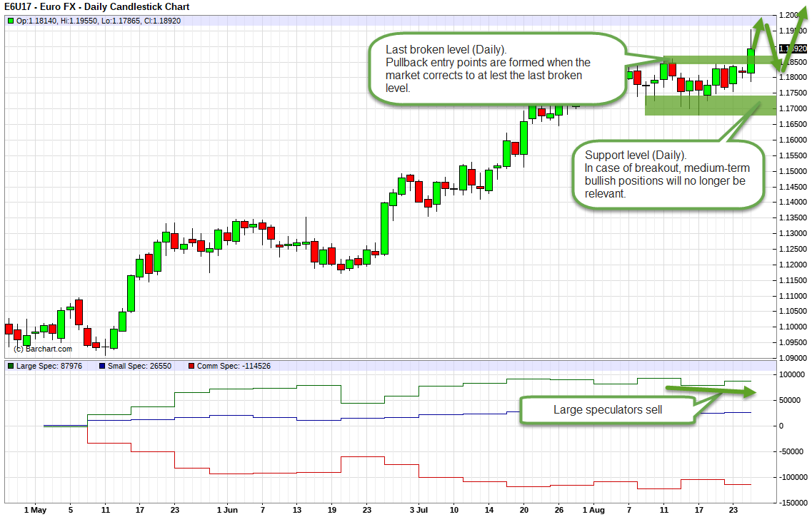 EURUSD. Technical analysis and COT net position indicator.