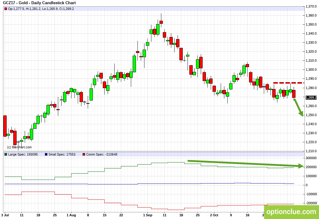 Gold. Technical analysis and COT net position indicator.