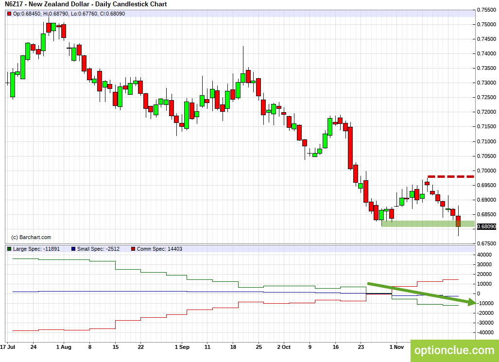 NZDUSD. Technical analysis and COT net position indicator.