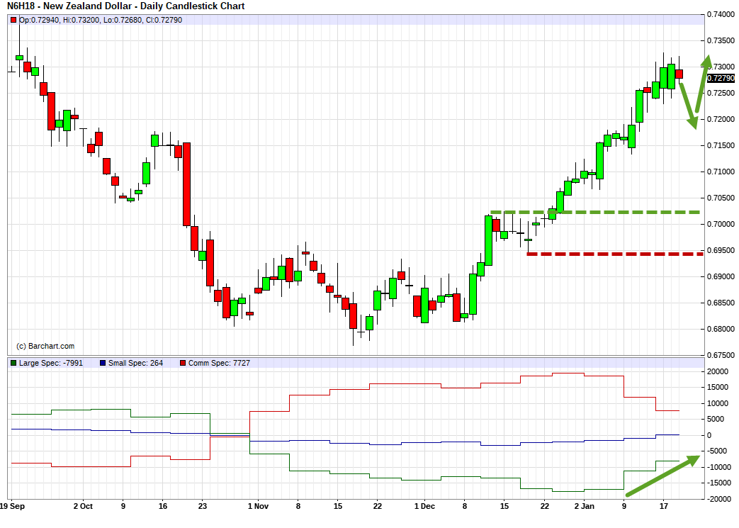 NZDUSD. Technical analysis and COT net position indicator.