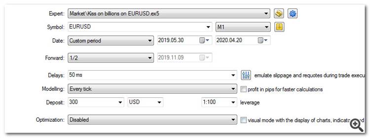 KISS ON BILLIONS ON EURUSD V.191.113 - TESTING ON A REAL TICK STORY MT5 - settting