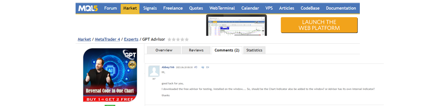 Responses: .. in the comments column on the "GPT Advisor" product from MQL5.com members