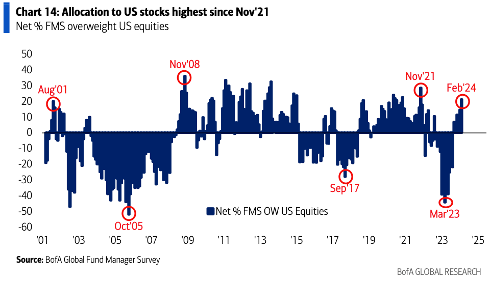 Overweight of US stocks in fund managers' portfolios