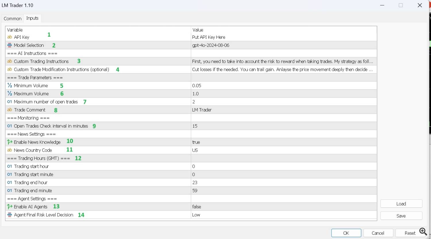 LM TRADER Settings