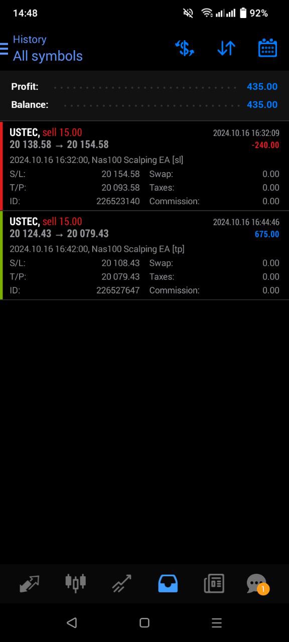 🔥🔥🔥🔥NAS100 Scalping EA 🔥🔥🔥🔥  My profile :   Moustapha Boulouz - 25465153 - Trader's profile - MQL5 Algo Trading community  ✅ Text me to secure your EA license(Telegrm) @blztrading     EA trade entry  scalping ea, trading robot, NAS100    EA moves sl to BE  scalping ea, trading robot, NAS100    EA moves sl to +1% in profit  scalping ea, trading robot, NAS100    Take profit has been hit    scalping ea, trading robot, NAS100  scalping ea, trading robot, NAS100  scalping ea, trading robot, NAS100