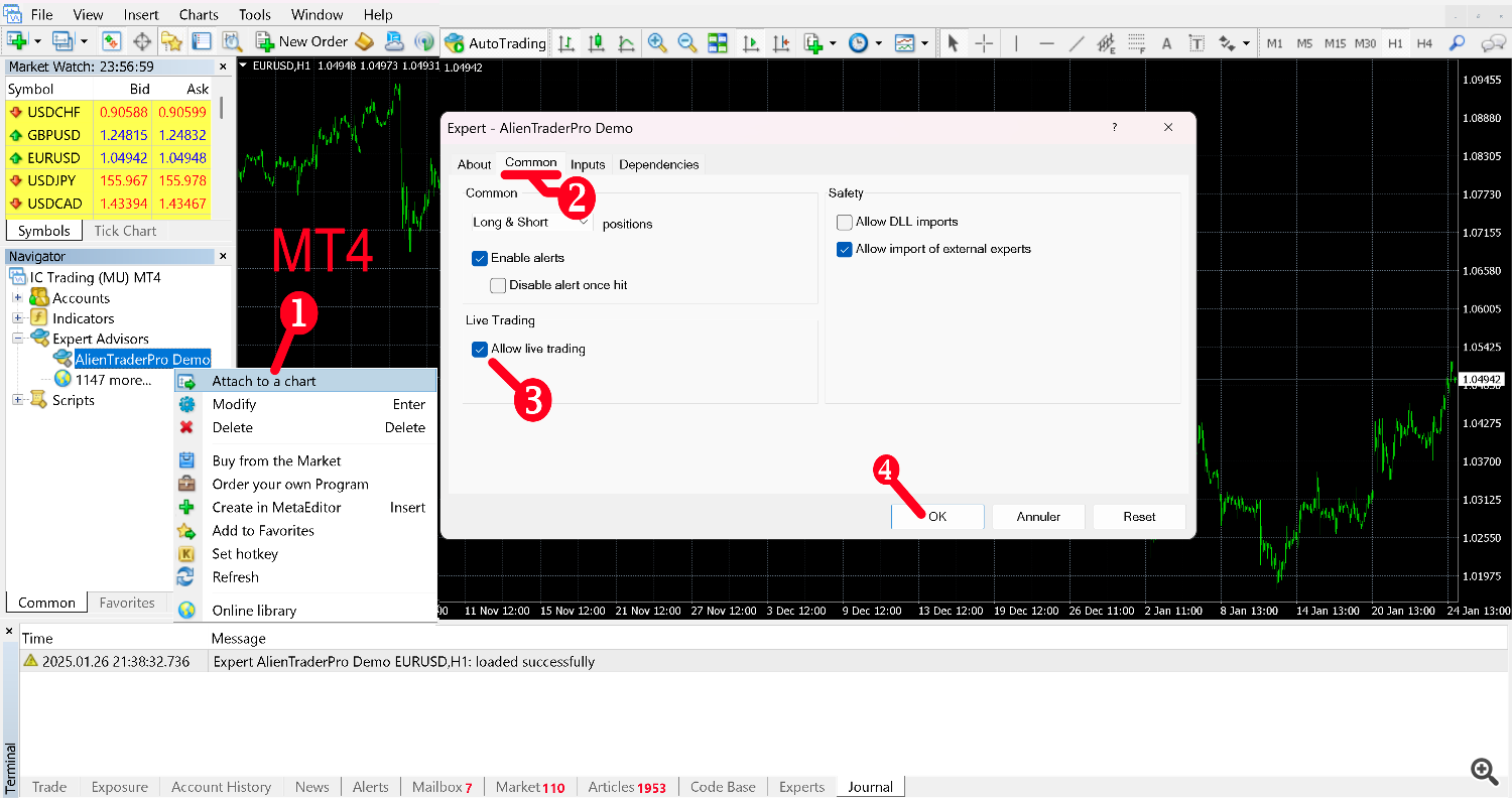 Attach AlienTrader Pro Demo to MT4 chart