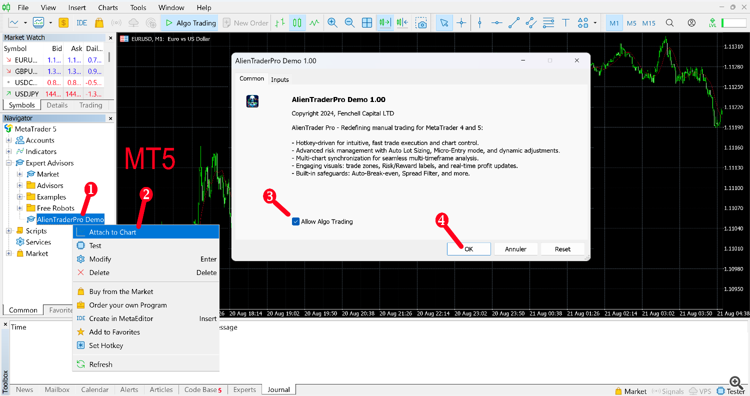 Attach AlienTrader Pro Demo to MT5 chart