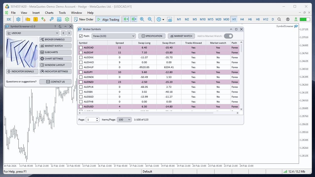 Trading symbol specification window