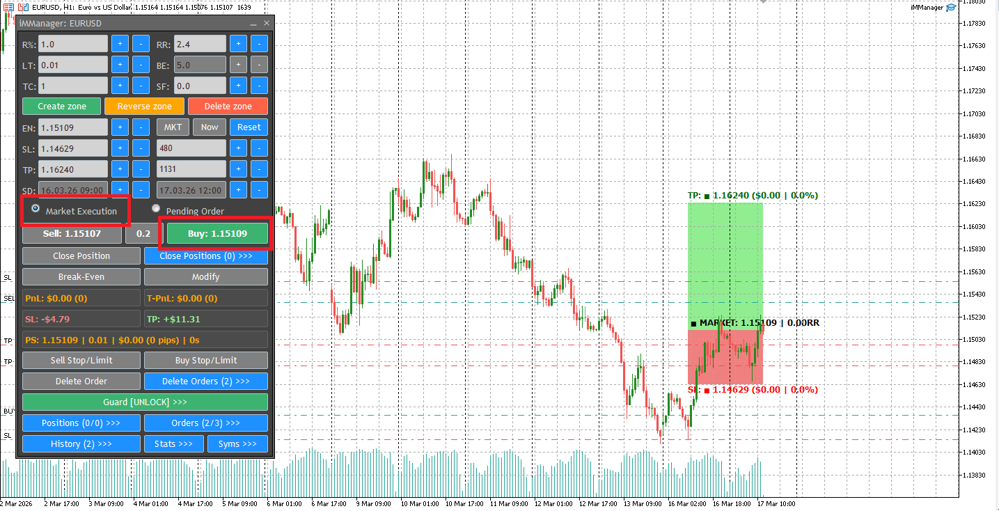 Market Execution mode with live spread protection.