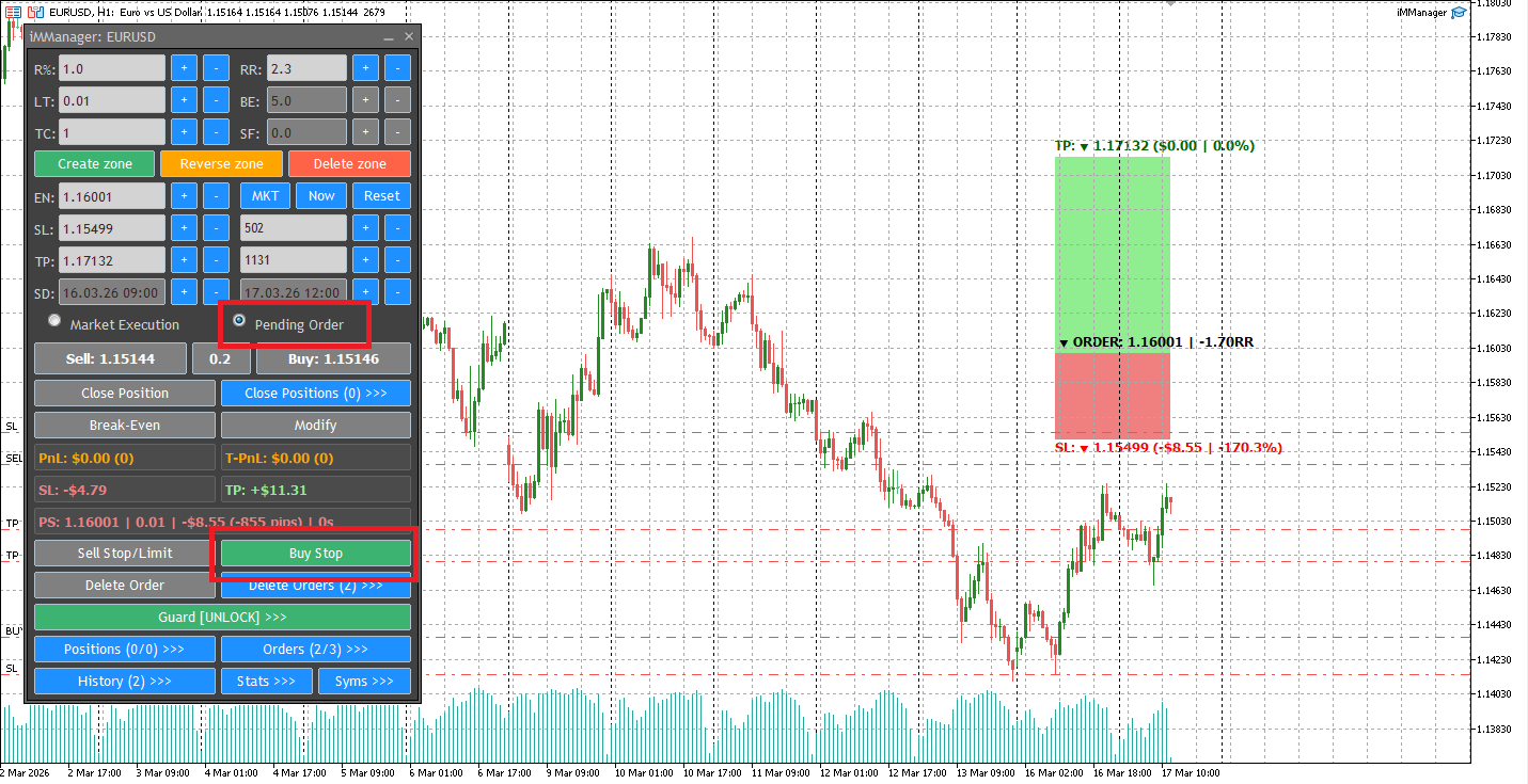 Pending Order mode with automatic order type detection.