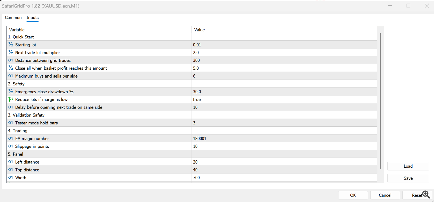 Safari Grid Pro input settings are grouped for easier setup and first-time use.