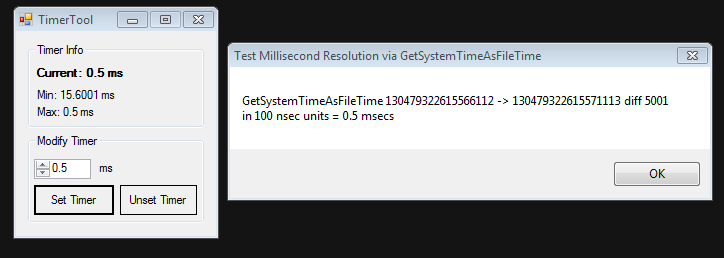 Sistem zamanlayıcı çözünürlüğünü 0,5 ms&#39;ye ayarlamak için kullanılan Zamanlayıcı Aracı ile